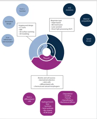 Fig. 1. Considerations for rapid prototyping in bioprinting. The interlinked process model describes the three pillars required for successful bioprinting, i.e