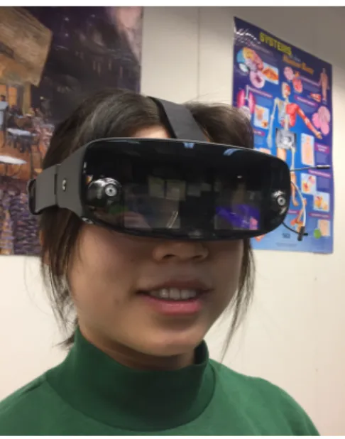 Figure 2.1: An Ximmerse AR headset prototype equipped with forward-, downward-, and side-looking cameras(two of each)