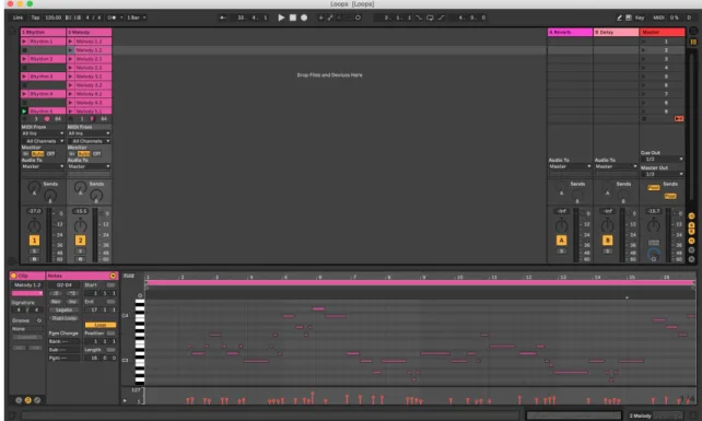 Figure 2.1: The project file for the data set composed in Ableton Live. The rhythm and melody tracks are visible in the top left, with five rhythm parts and ten melodies.