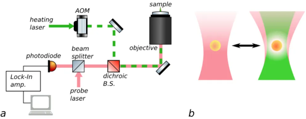Figure 1.3: (a) simplified scheme of a photothermal microscope. (b) cartoon representation of thermal lens creation in a photothermal microscope’s focus.