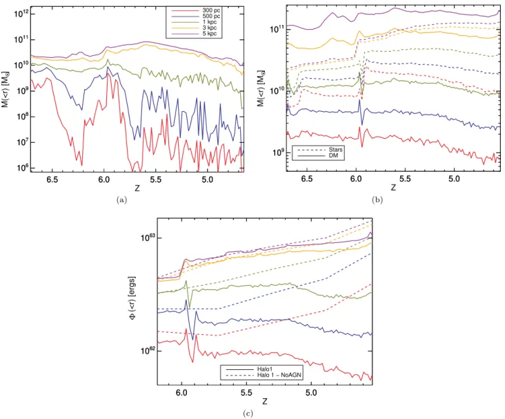 Figure 8. Panels (a) and (b) show the enclosed mass for different radii where (a) shows the gas component and (b) the stellar and dark matter component indicated with, respectively, solid and dashed lines