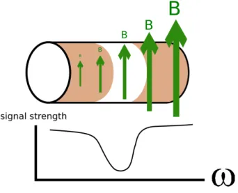 Figure 1.3: A visualization of one-dimensional imaging with NMR. If the colored region represents the presence of a substance with resonant nuclei, then the empty region in the center will not produce a signal