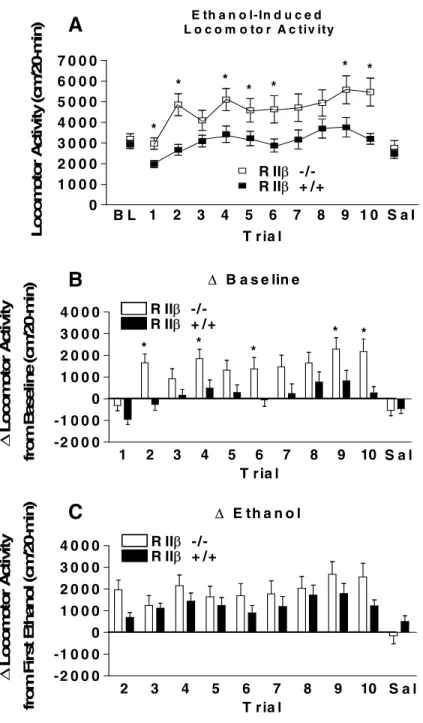 Figure 2.1 Acquisition test for ethanol-induced locomotor activation and sensitization in129/SvEv x C57BL/6J RII -/-  and RII +/+ mice