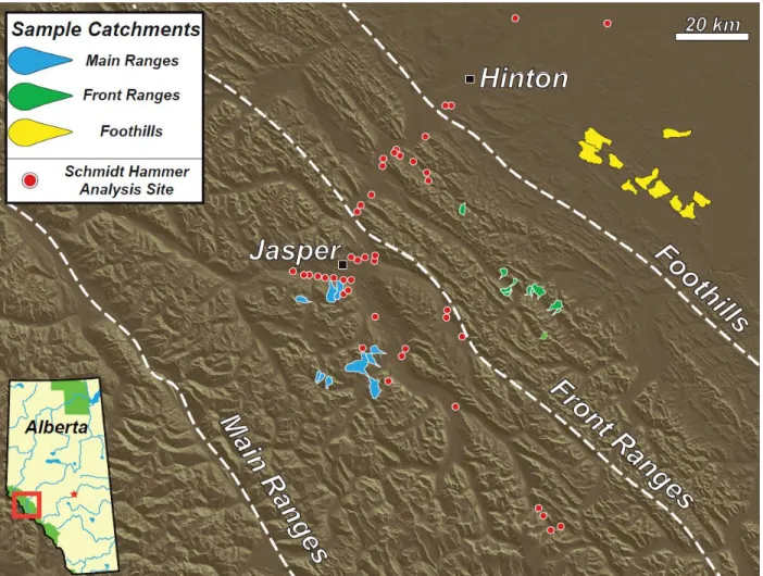 Figure  2.  Map  of  measurement  sites.  Schmidt  Hammer  test  locations  are  represented  by  red  circles