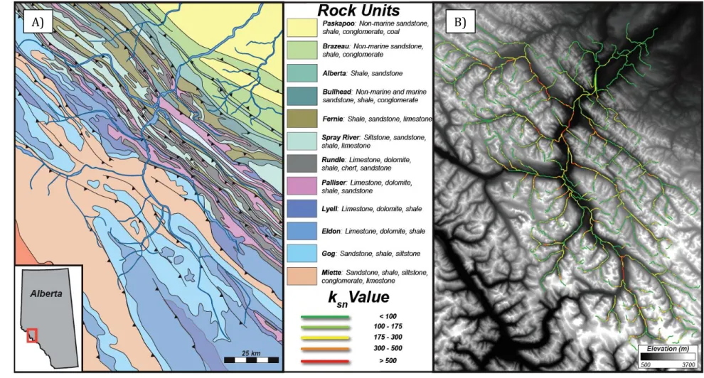 Figure 1. Geology, topography, and steepness patterns in the Athabasca basin headwaters