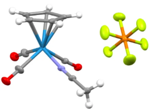 Figure 4 : Displacement ellipsoid (50% probability) plot for the structure [CpW(CO) 3 NCCH 3 ] + [PF 6 ] − 