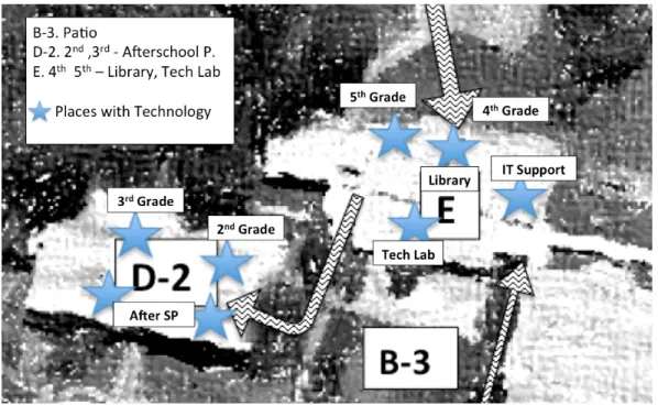 Illustration 2. Map of Frank Porter Graham Elementary School: buildings D-2, E, and area B-3, with technology  distribution
