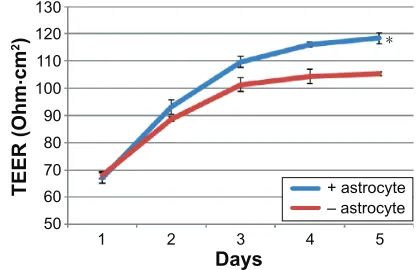 Figure 6 comparison of the Teer values between the two different BBB models.Notes: Data are shown as the mean ± sD; N=3, *P0.05 compared with the nonastrocyte-cultured BBB model.