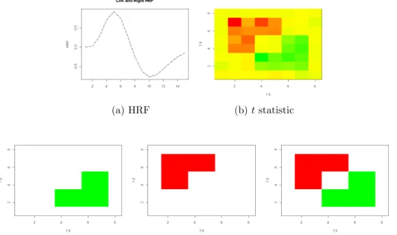 Figure 4.8: Hypothesis testing with two identical HRFs in the simulated brain. (a) shows the Glovers HRF for both left and right
