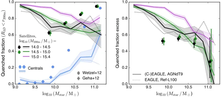 Figure 6. Left: quenched satellite fraction within r 3D ≤ r 200m , in bins of cluster mass (differently coloured solid lines) as a function of stellar mass