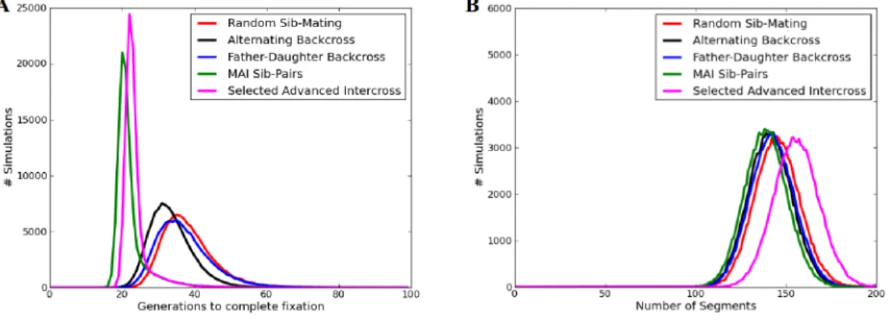 Figure 3.7: A comparison of five breeder selection alternatives for generating an eight-way RIL, showing the number of generations to reach complete fixation (A) and the total number of  seg-ments (B) found in the final inbred lines
