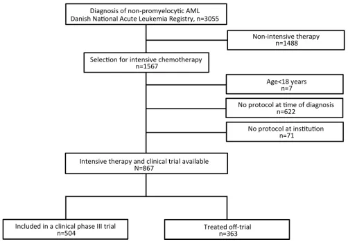Figure 1: Flowchart of patient selection for the study. Patients diagnosed at a time where no age-appropriate trial was open were excluded from the study