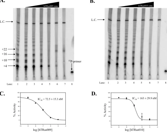 Figure 2.2  Concentration dependence of telomerase inhibition by hTRas009 and hTRas010  when added before assemblage