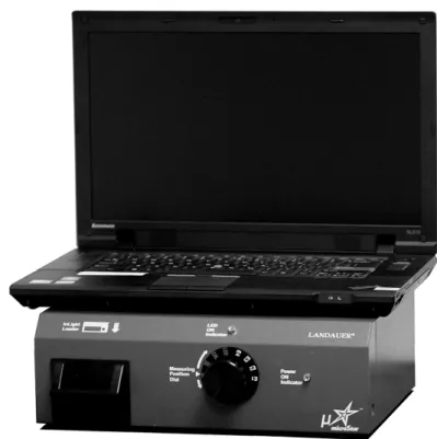 Figure 1.  MicroStar TM  Reader (A) and NanoDot TM  Dosimeters (B) 