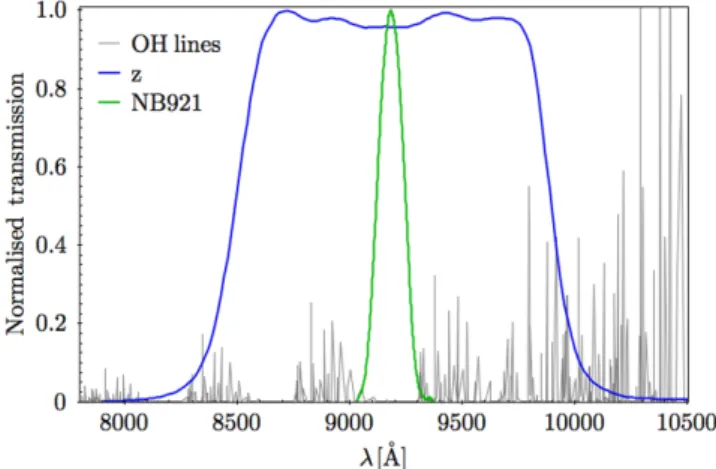 Figure 1. Filter transmission profile of the NB921(blue) and z (green). The transmission is normalized to the maximum transmission in each filter
