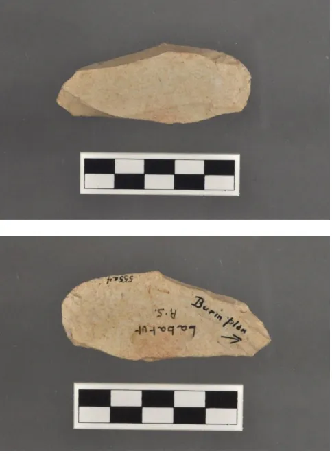 Figure 10.  Flat burin from Abri Labatut, sides 1 (top) and 2 (bottom).  Note the  much larger size and flat, more regular shape compared to the Noailles burin in  Figure 9