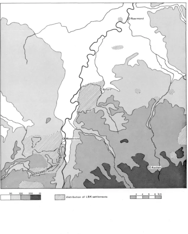 Fig. 8. Generalised distribution of LBK settlemcnts within a 30 km distance of Sittard, Stcin and Elsloo