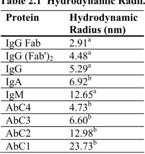 Table 2.1  Hydrodynamic Radii. 