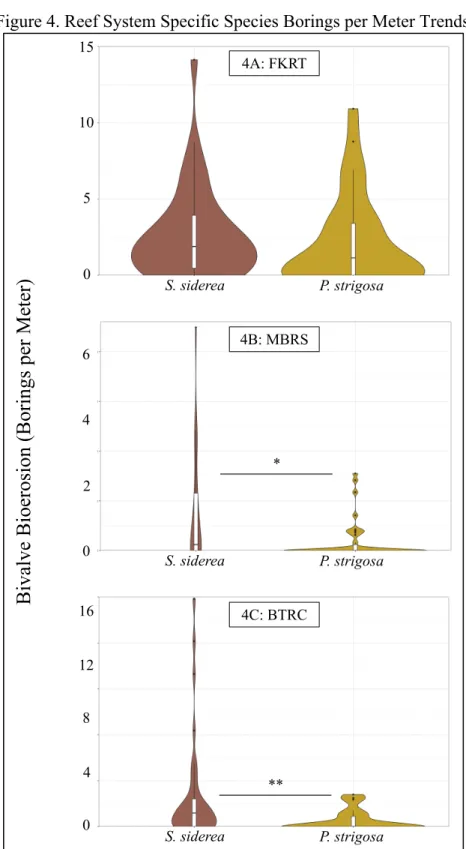 Figure 4. Reef System Specific Species Borings per Meter Trends 