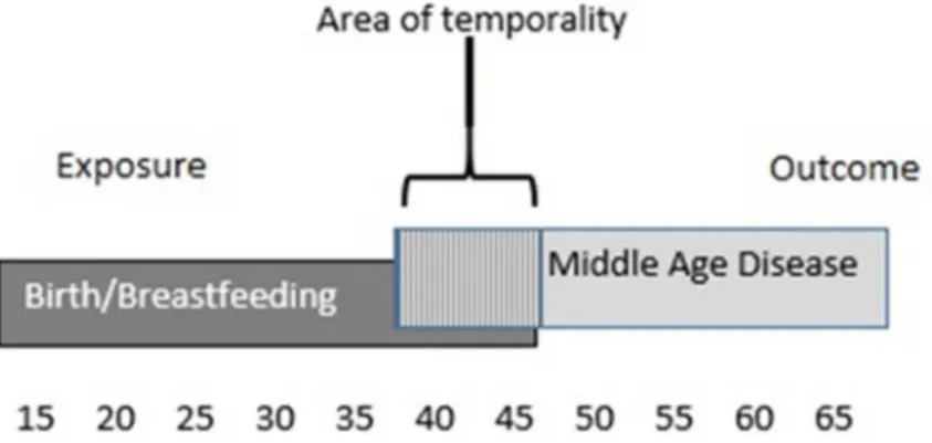 Figure 2.2 Potential area of temporality in which sequencing of exposure  and middle aged disease might cause error