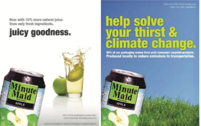 Figure 2.  Example of self-beneficial and ethical stimulus ads  utilized in Peloza et al.’s (2013) study