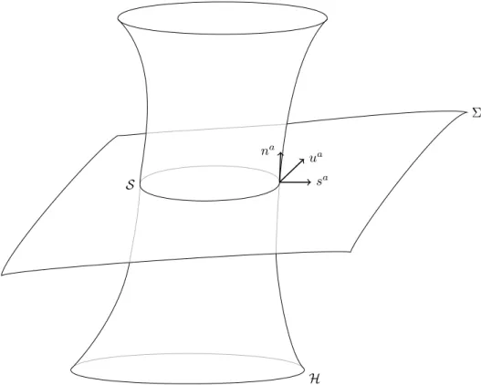 Figure 3.1: Horizon geometry. This shows the spatial slice Σ, the collection of horizons at all times H, and their intersection S = Σ ∩ H