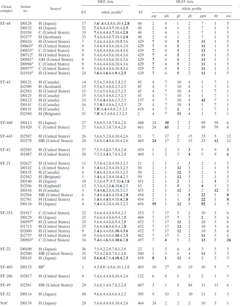 TABLE 1. Results of subtyping of 55 C. jejuni isolates by MEE, MLST, and PFGE