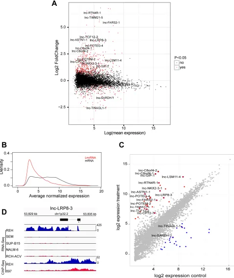 Figure 1: Specific lncRNA expression pattern in ETV6/RUNX1-driven BCP-ALL. A. MA-plots, which display the mean expression and fold change of differentially expressed lncRNAs in ETV6/RUNX1 driven leukemias (adjusted p-value < 0.05) identified by microarray 