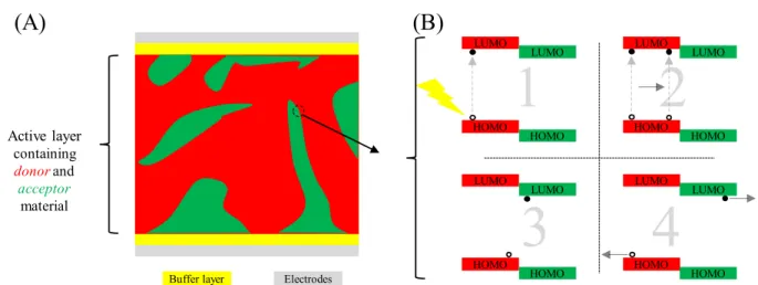 Figure 1. General structure and function of a bulk heterojunction organic solar cell. (A) A cross- cross-section of a simplified BHJ OSC