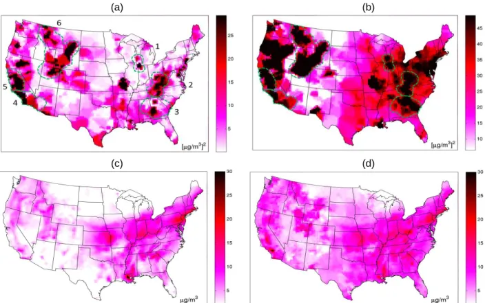 Figure 2.2. Maps of RAMP error and RAMP error correction of CMAQ. Daily PM2.5 across the continental  United States on 07/01/2001 displaying (a) RAMP 