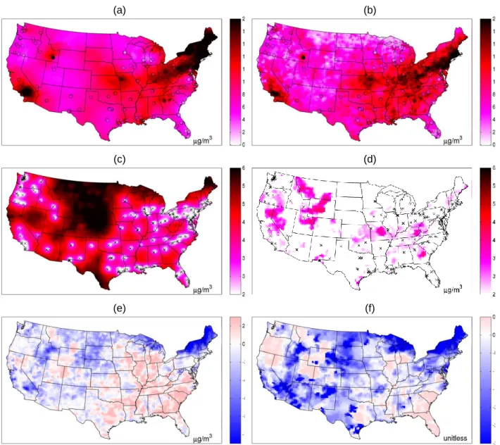 Figure 3.1. Map of kriging and BME mean and variance. Daily PM2.5 across the continental United States  on 07/01/2001 displaying the (a) kriging mean estimate (