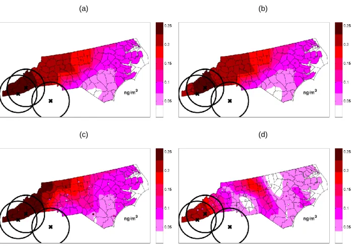 Figure 4.1. Map of benzo(g,h,i)perylene. Maps of mean benzo(g,h,i)perylene concentration for North  Carolina on March 11, 2005 across the 4 prediction methods: (a) kriging, (b) cokriging, (c) BME linear  regression, (d) BME mass fraction