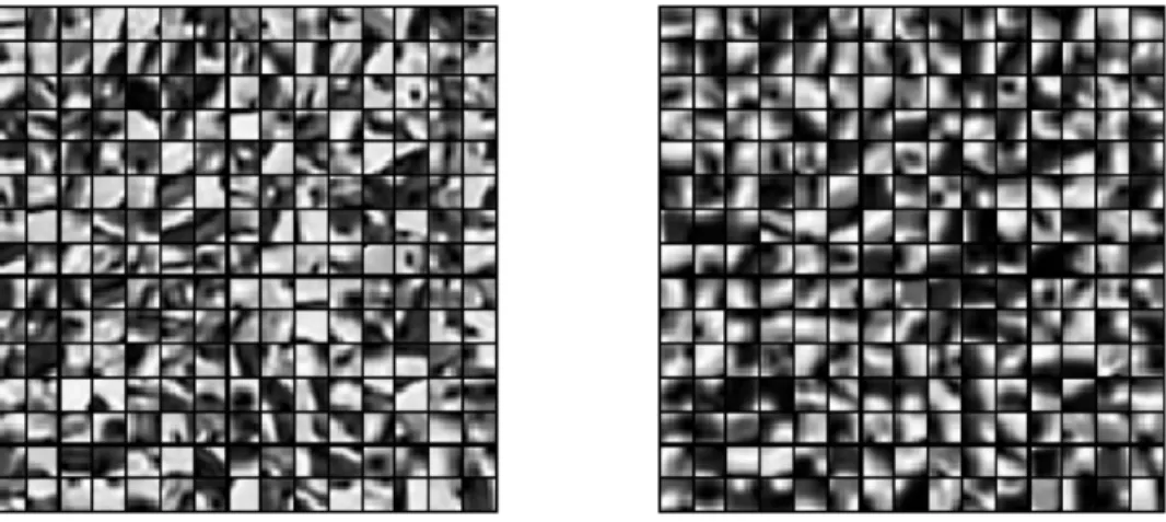 Figure 3.4: Results of dictionary learning: the left dictionary is learned from the SEM and the corresponding right dictionary is learned from the confocal image.