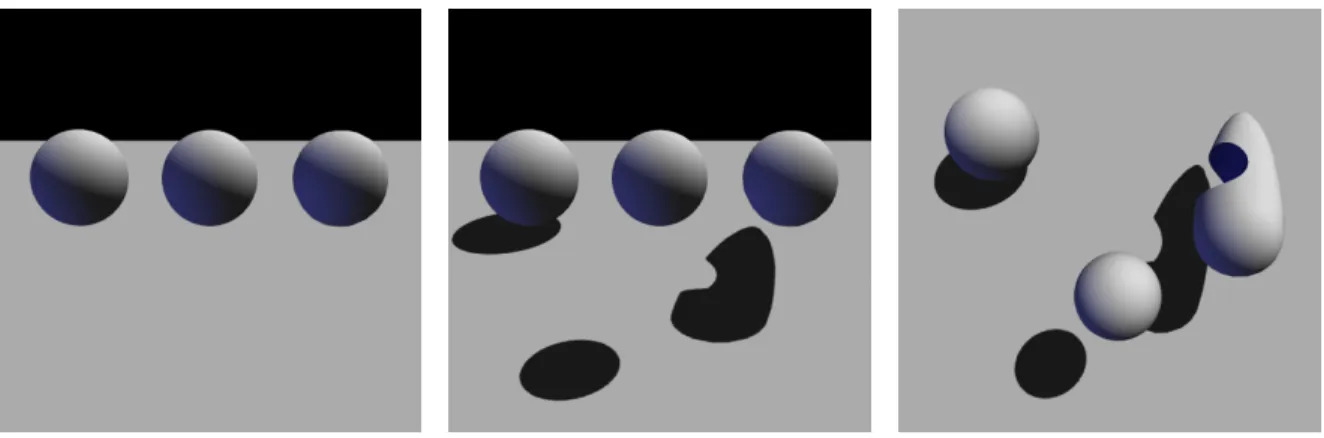 Figure 1.1: The benefit of shadows for understanding spatial relationships and shape. (Left) With only attached shadows, this image appears to be three identical spheres floating above the ground
