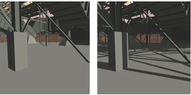 Figure 1.2: Shadows in an interactive walk-through. (Left) Without shadows the structures of this power plant model seem to float above the ground plane