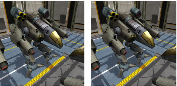 Figure 1.6: Shadow map artifacts. (Left) In this image rendered with a standard shadow map the shadow boundaries are jagged