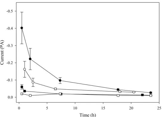 Figure  2.1.  Background  current  of  particle-doped  glucose  sensor  with  RSNO-modified  particles  (0.6  mg·cm -2 )  using  applied  potentials  of  (●)  +0.80, (○) +0.65, and (■) +0.60 V vs