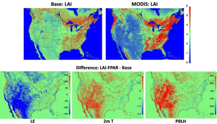 Figure 2.11.  LAI for 20Z, August 10, 2006 and average differences of latent heat (W m -2 ), 2 m T  (K), and PBLH (m) between the LAI-FPAR case and base case for 20 UTC from August 10 to  September 09, 2006
