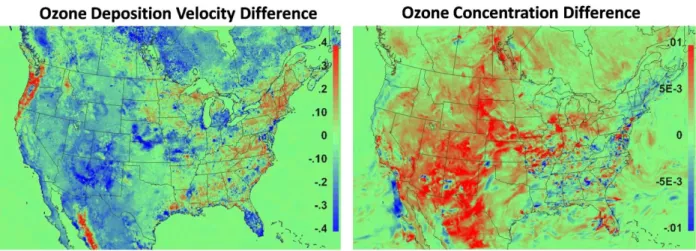Figure 2.13.  Difference of ozone deposition velocity (cm s -1 ) and ozone concentration (ppmV) at  the surface layer between the CMAQ LAI-FPAR-albedo case and base case for 20Z, August 10,  2006