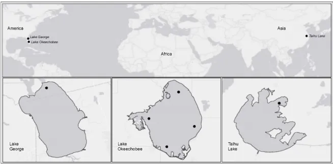 Figure 1. Map of the world showing locations of the three study lakes and inset maps of the lakes and  the sampling sites from which data were collected for this study