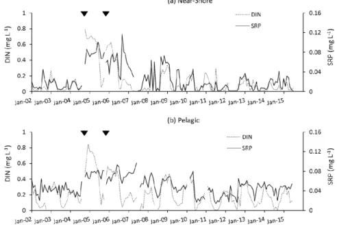 Figure 3. Time series of DIN and SRP concentrations in the near-shore (a) and pelagic zones (b) of  Lake Okeechobee, in the context of impacts of two hurricanes in 2004 and one hurricane in 2005