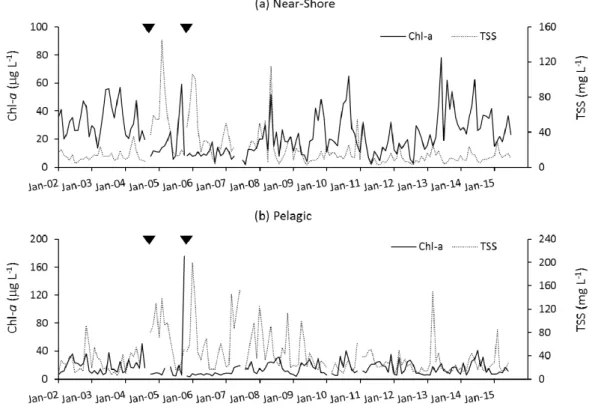 Figure 4. Time series of Chl-a and TSS concentrations in the near-shore and pelagic zones of Lake  Okeechobee, in the context of impacts of two hurricanes in 2004 and one hurricane in 2005