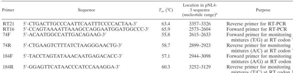 FIG. 1. Location of sequencing primers in polclone pNL4-3. All four forward (F) and reverse (R) primers, 74F, 74R,184F, and 184R, were selected at equivalent distances with respect to gene of proviralRT codons 74 and 184