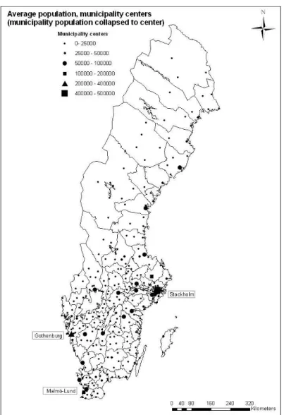 Figure 2: average population in the municipality centres, 1974-2004.  