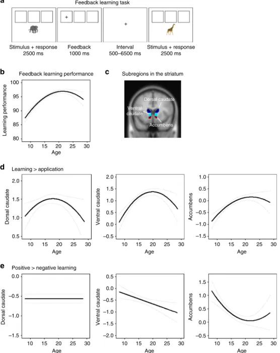 Fig. 1 Mixed-model analyses for development of striatal subregions. a Feedback-learning task, b predicted trajectories for feedback-learning