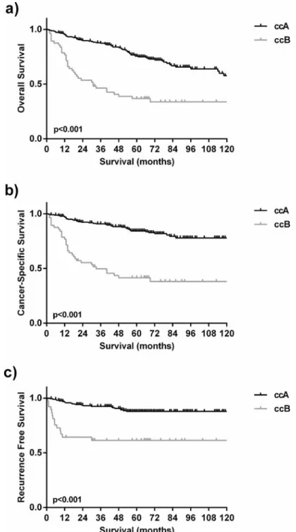 Figure 1. ClearCode34 defines ccRCC subtypes with significantly different patient outcomes The ccA patients had superior a) overall survival, b) cancer-specific survival and c)  recurrence free survival relative to ccB patients.