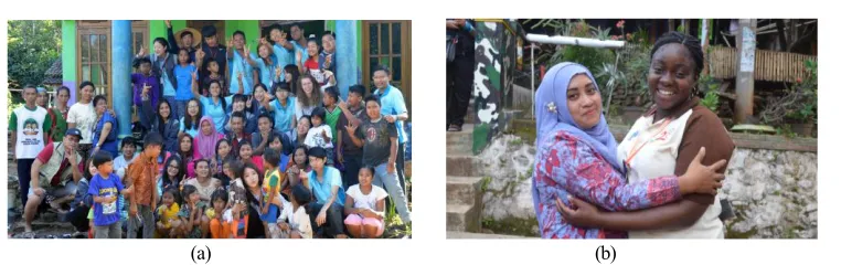 Fig.  1. (a) A group of COP participants 2016 who was placed at Nawangan village had a photo session with the villagers and (b) Ms