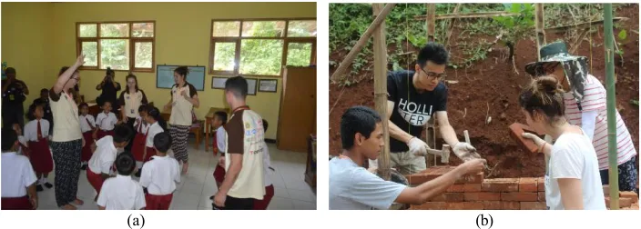 Fig.  4. Students‟ activities during COP (a) teaching at local elementary school and (b) in physical program: building the village‟s entrance gate