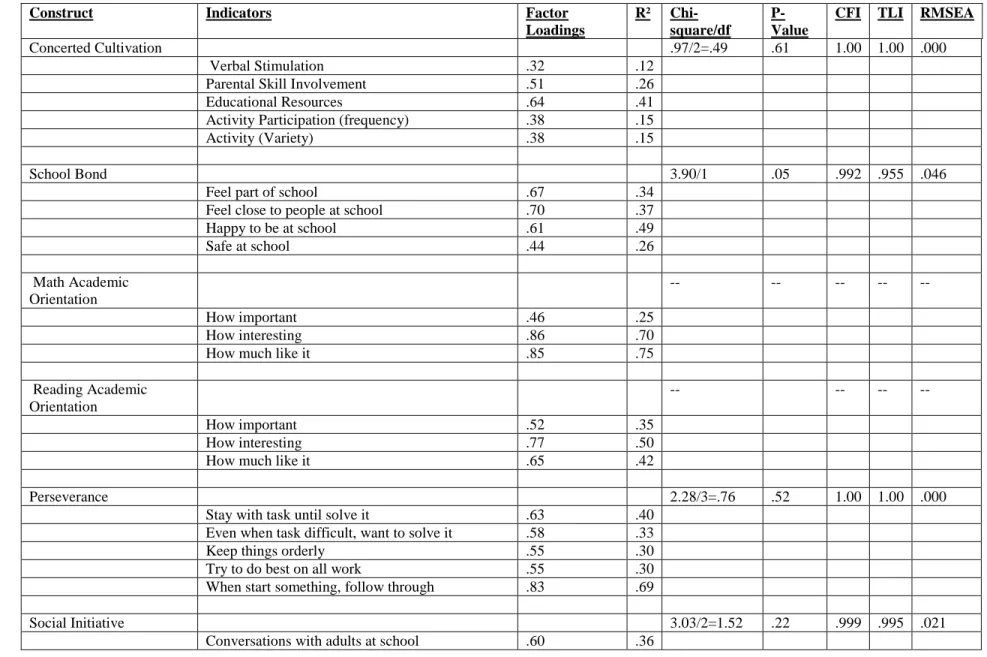 Table 2: Confirmatory Factor Analyses: Factor Loadings and Fit Indices for Latent Constructs, Panel Study of Income Dynamics, Child Development  Supplement: 2002/3 
