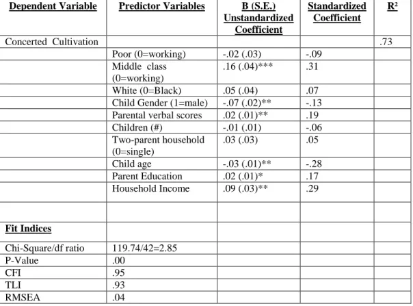 Table 3b: Structural Equation Model of the Relationship between Social Class and Concerted Cultivation  (Working Class Omitted), Panel Study of Income Dynamics, Child Development Supplement: 1997 and 2002/3 